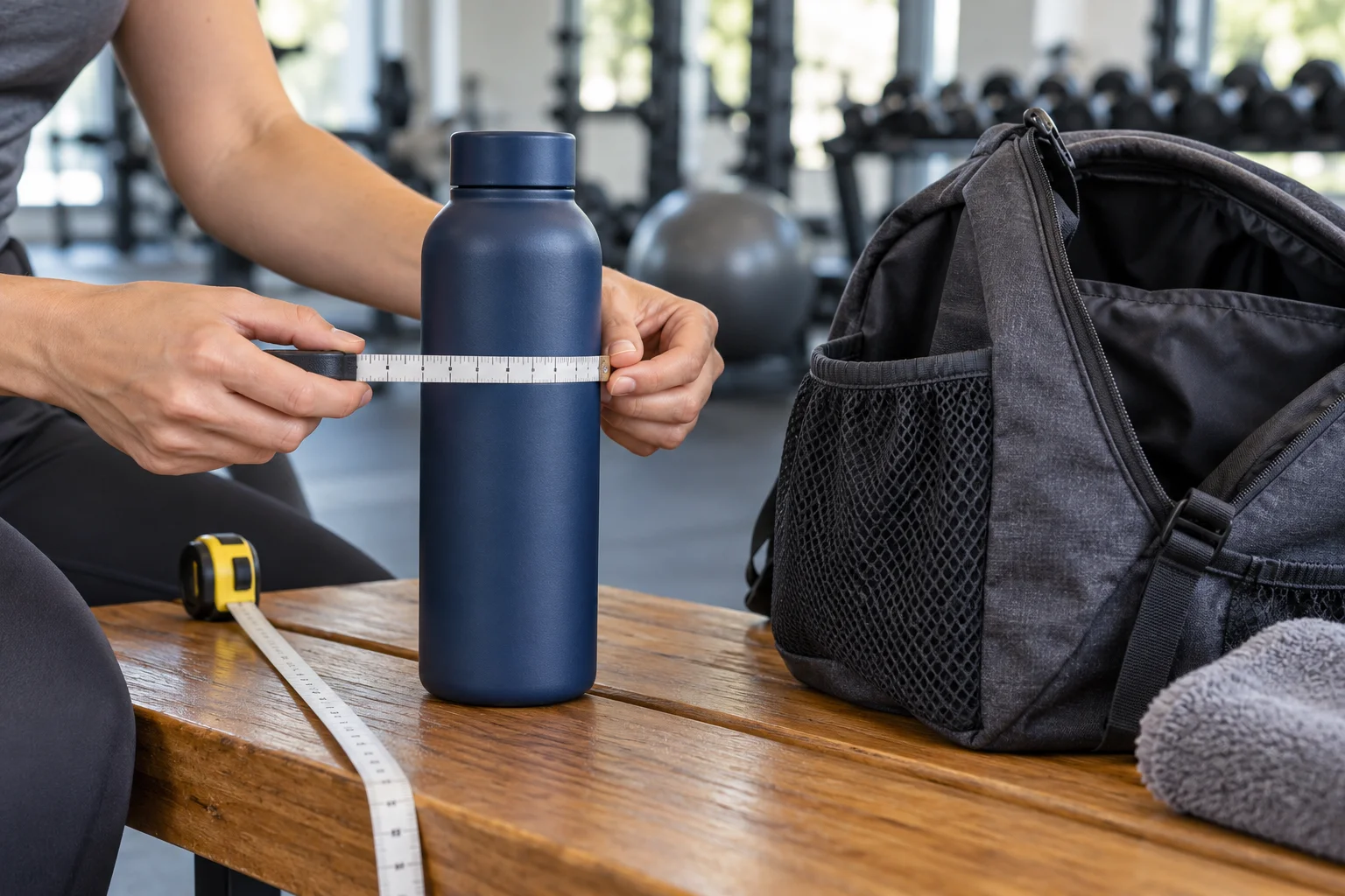 A person using a tape measure to check the body width of a dark blue water bottle on a wooden bench next to a gym bag