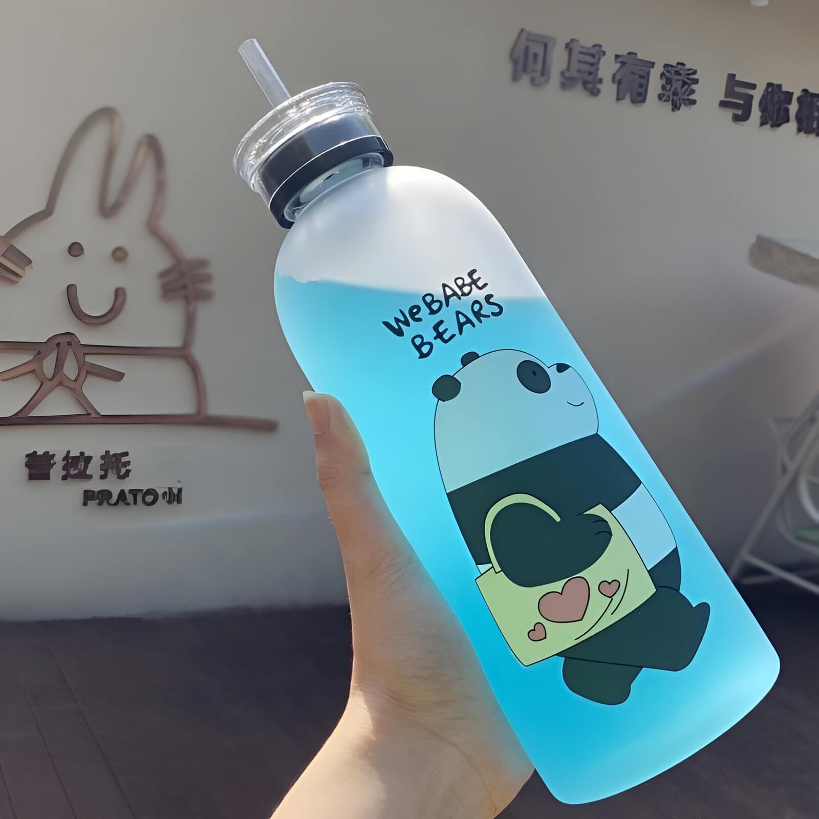 “Panda Bear frosted plastic water bottle with straw lid, lightweight kids bottle with cartoon design and easy drinking system for daily use”