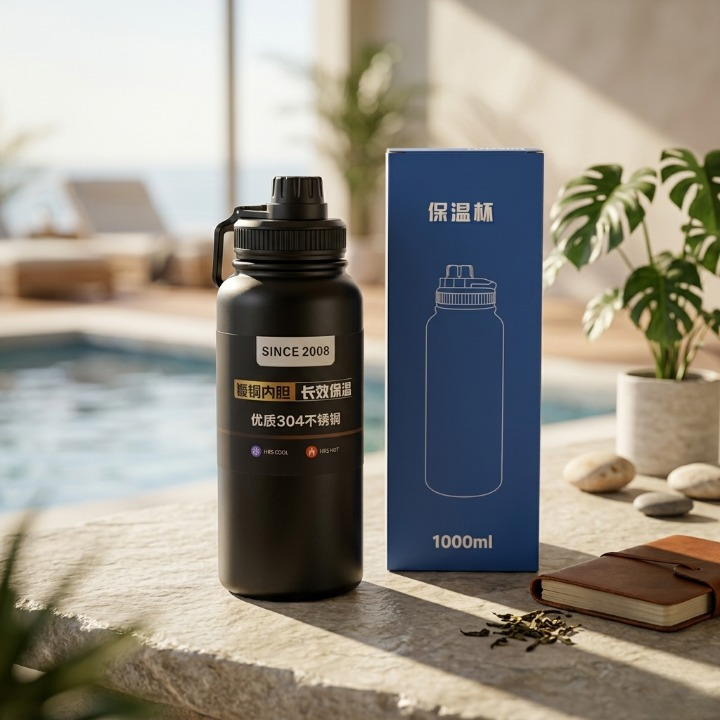 Durable 1000ml vacuum insulated stainless steel bottle keeps drinks hot or cold with carrying strap.