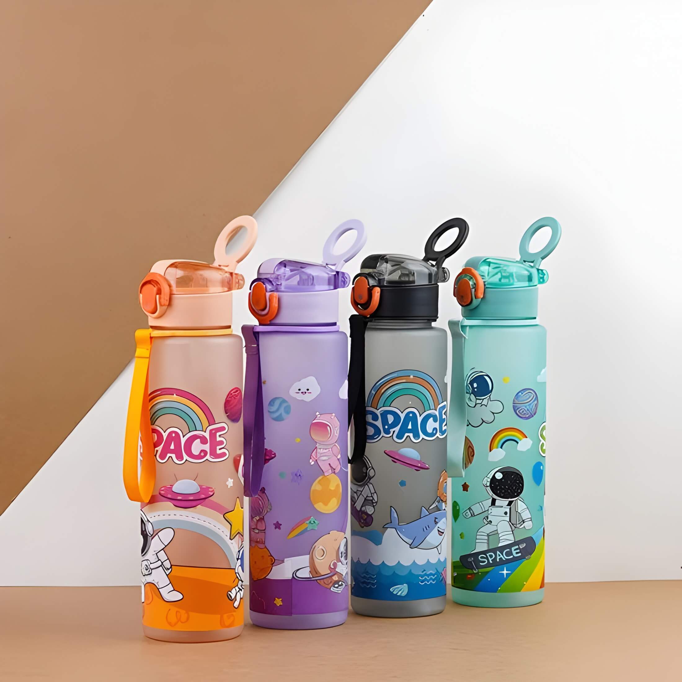 Astronaut themed sports water bottle collection featuring orange, light orange, light green, black, and light purple color variants with leakproof design and built-in straw