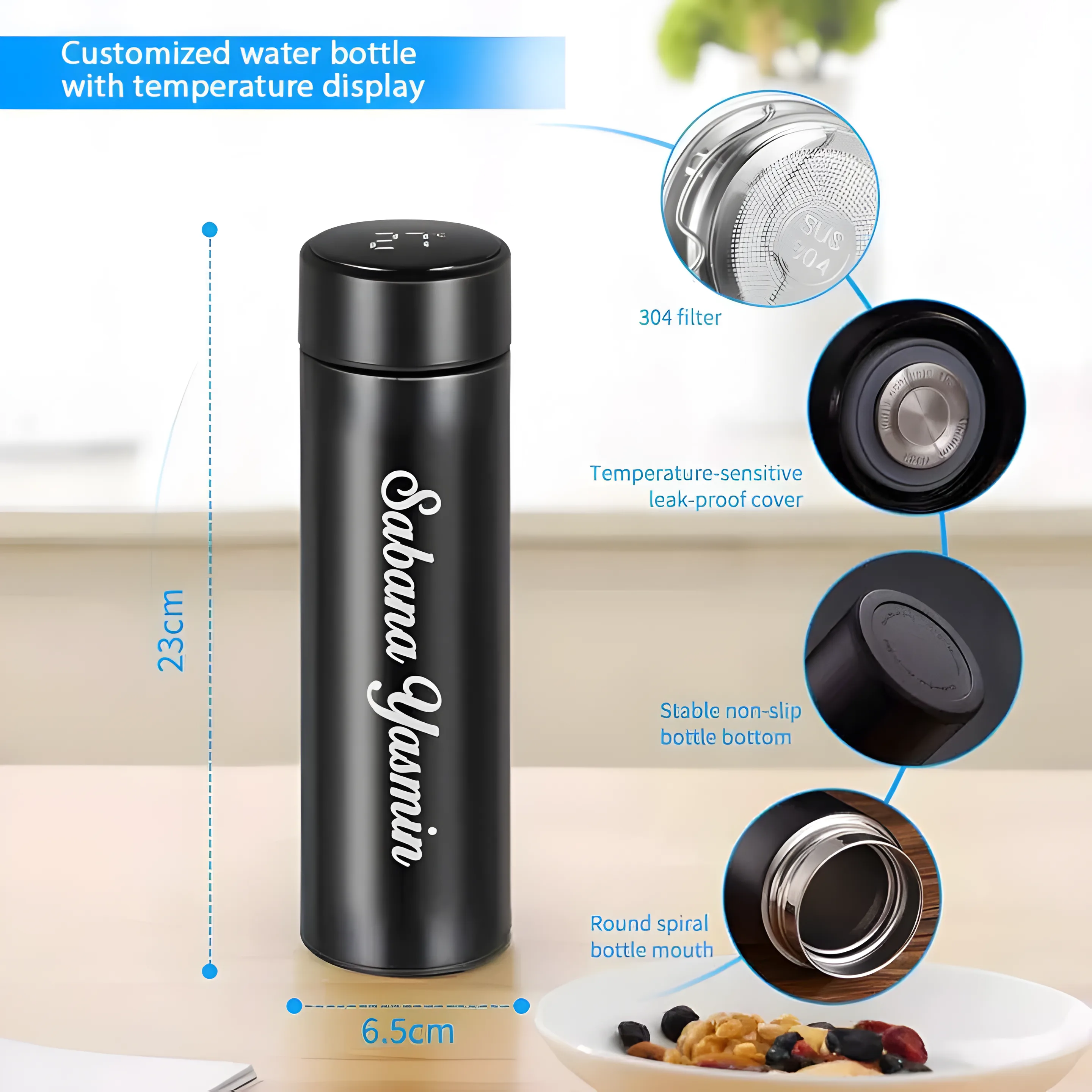 304 stainless steel filter for LED Water Bottle, 23cm length and 6.5cm width, high-quality durable material, ensures safe and clean hydration