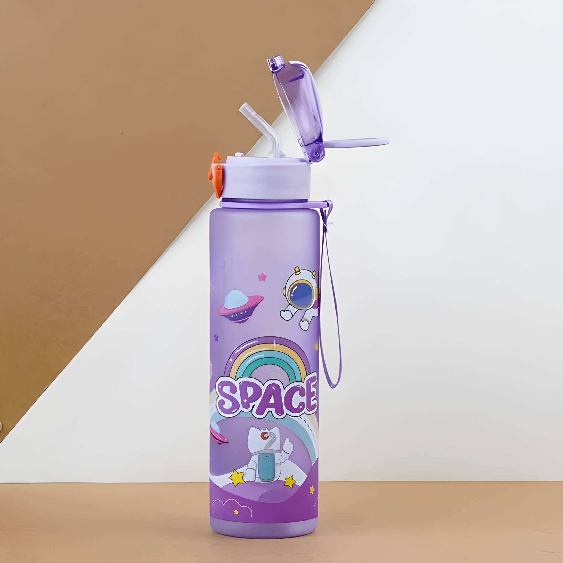 Light purple astronaut water bottle with stylish space design and easy carry leakproof lid