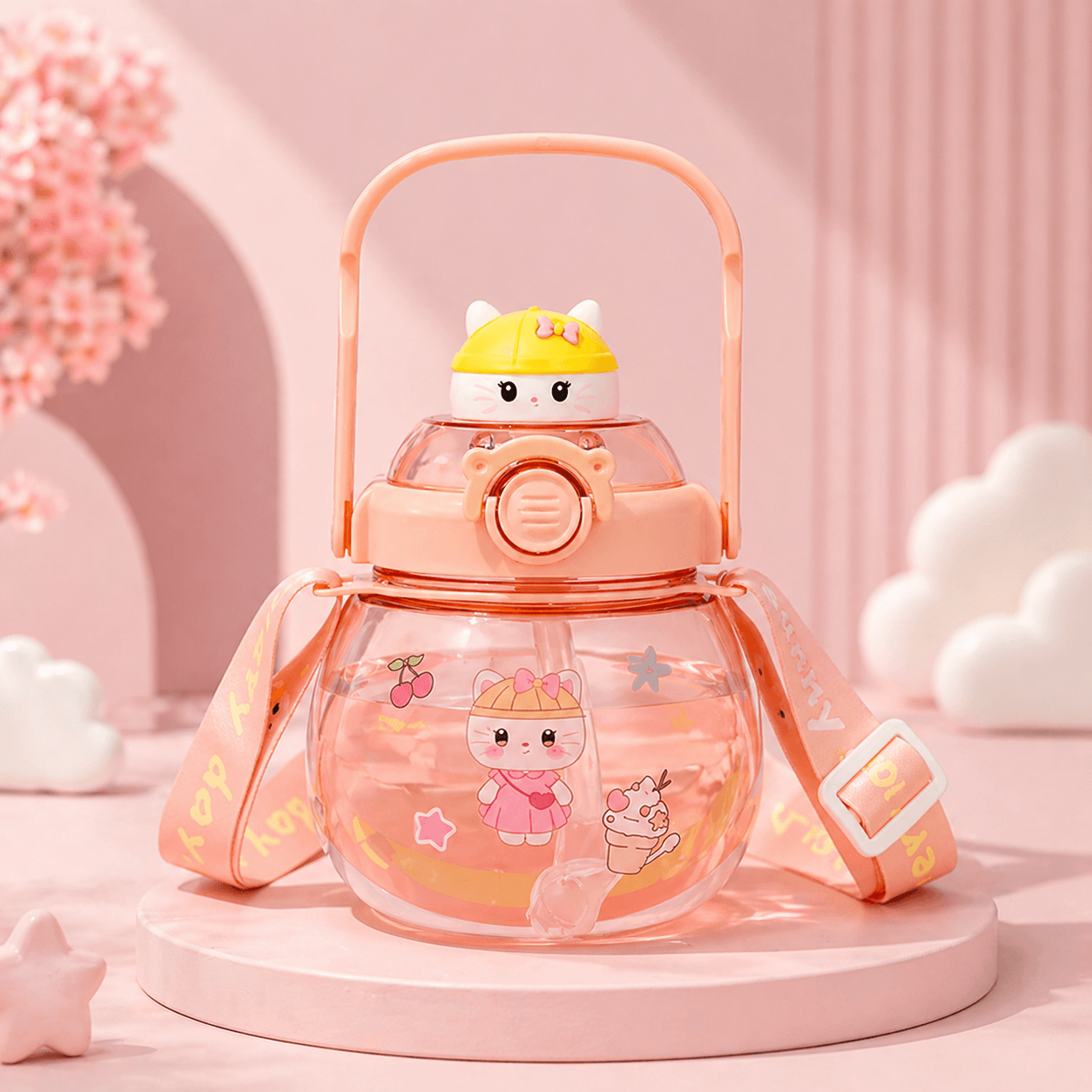 kawaii sanrio water bottle for kids cute cartoon sipper bottle front view with strap