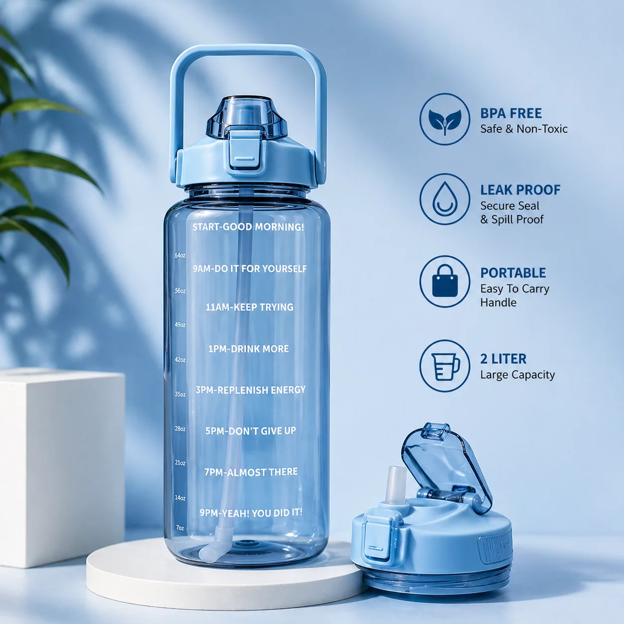 Blue 2L Motivational Water Bottle – With Built-In Straw for Easy Sipping