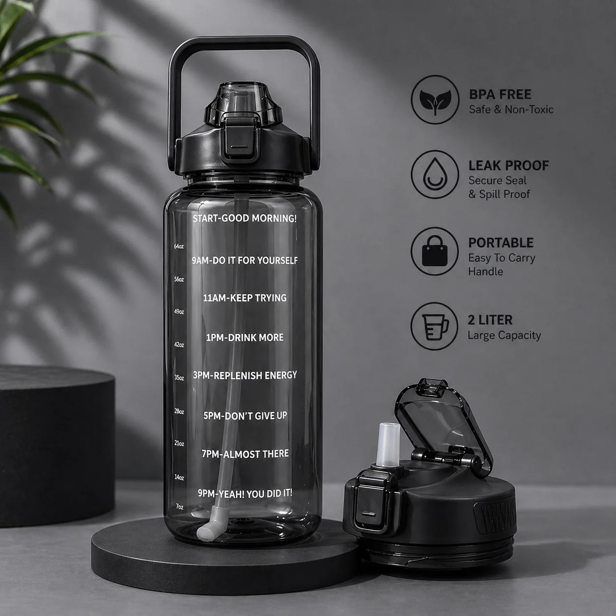 2L Motivational Water Bottle with Time Markers – Perfect for Gym Use