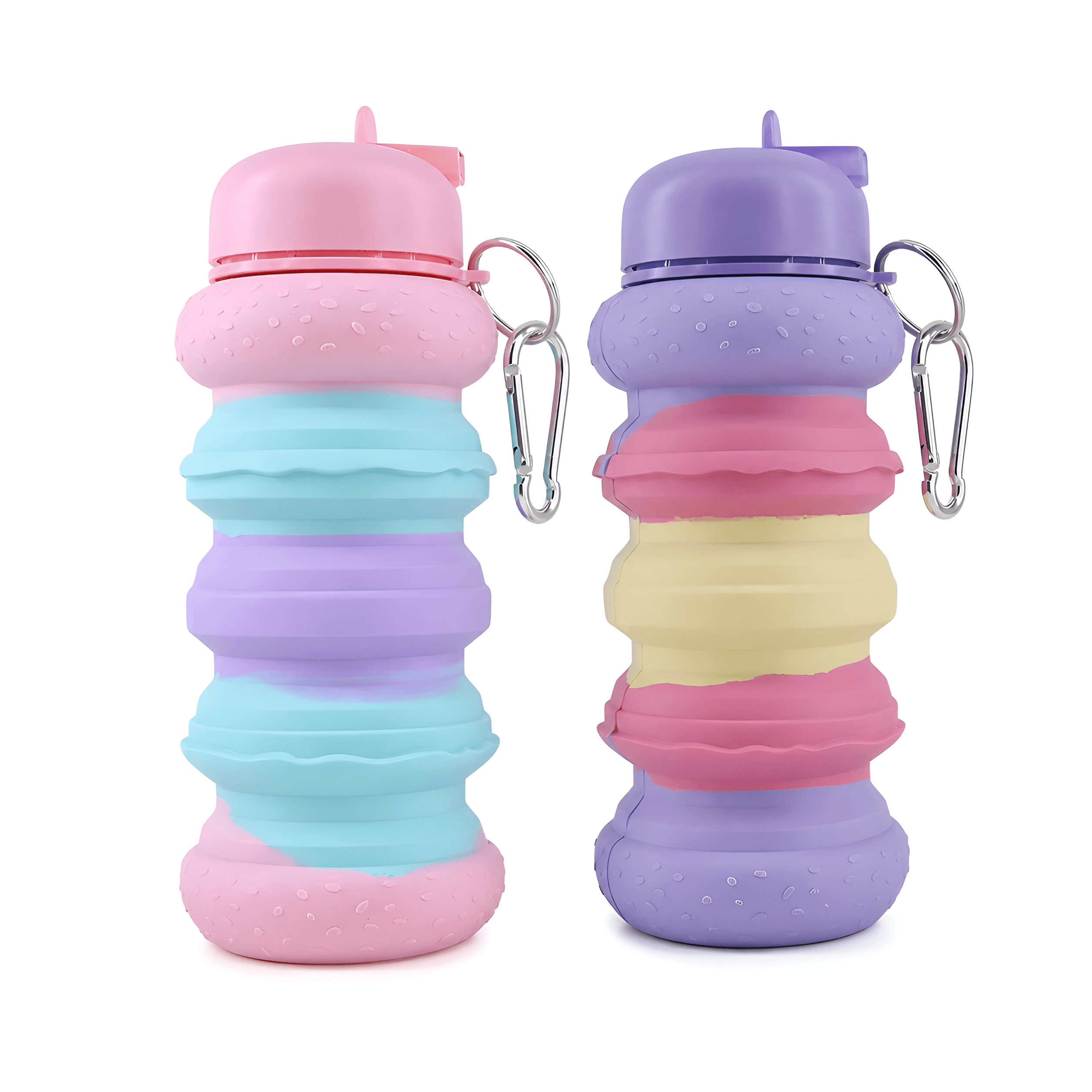 “Cots and Cuddles burger shape foldable water bottle front view showing full design with compact foldable structure and creative burger-inspired appearance in purple and pink color variants”