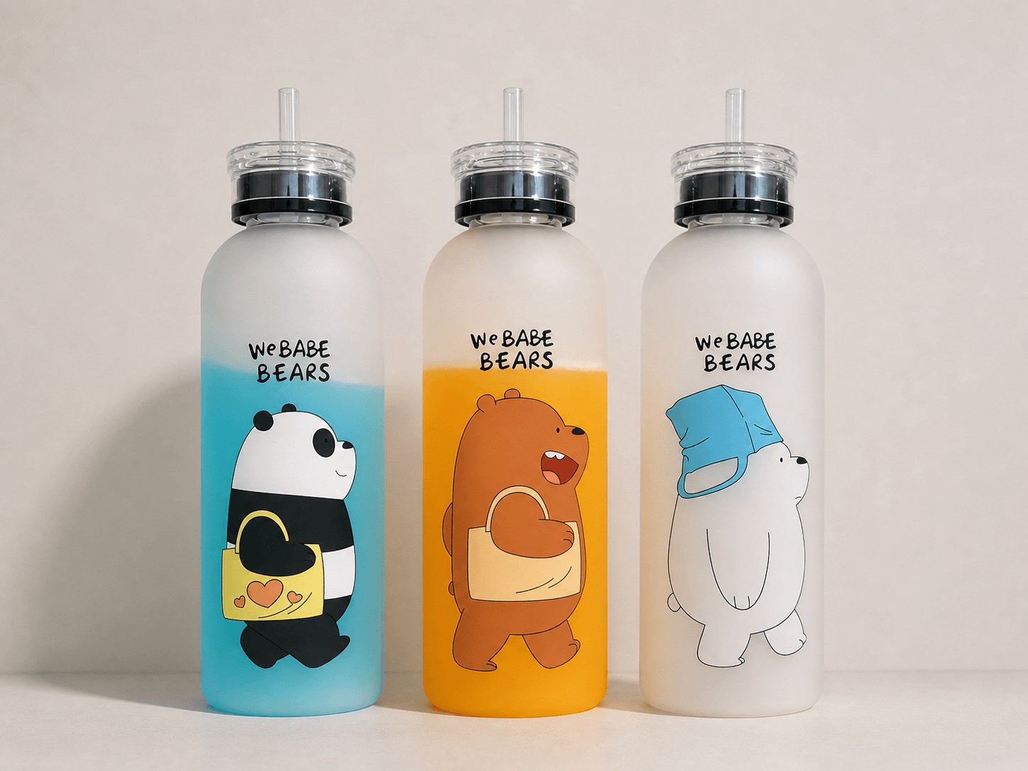 “We Bare Bears frosted plastic water bottles front view showing three character variants including Ice Bear, Panda Bear, and Grizzly Bear with straw lid design and kid-friendly appearance”