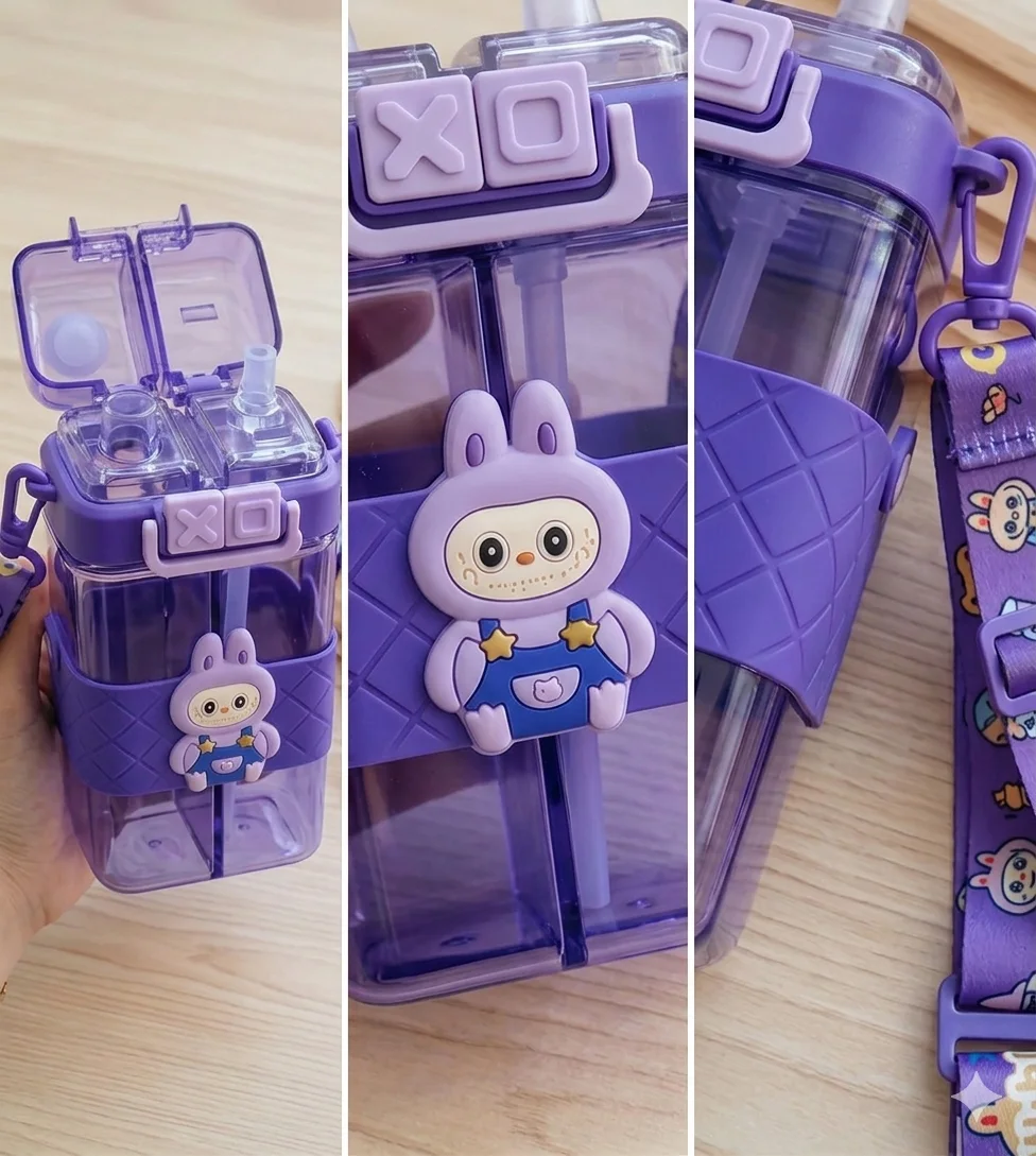 “Purple bunny-themed dual-chamber kids water bottle, featuring fun cartoon illustrations, sturdy white latch, and playful strap, safe and durable for daily use.”