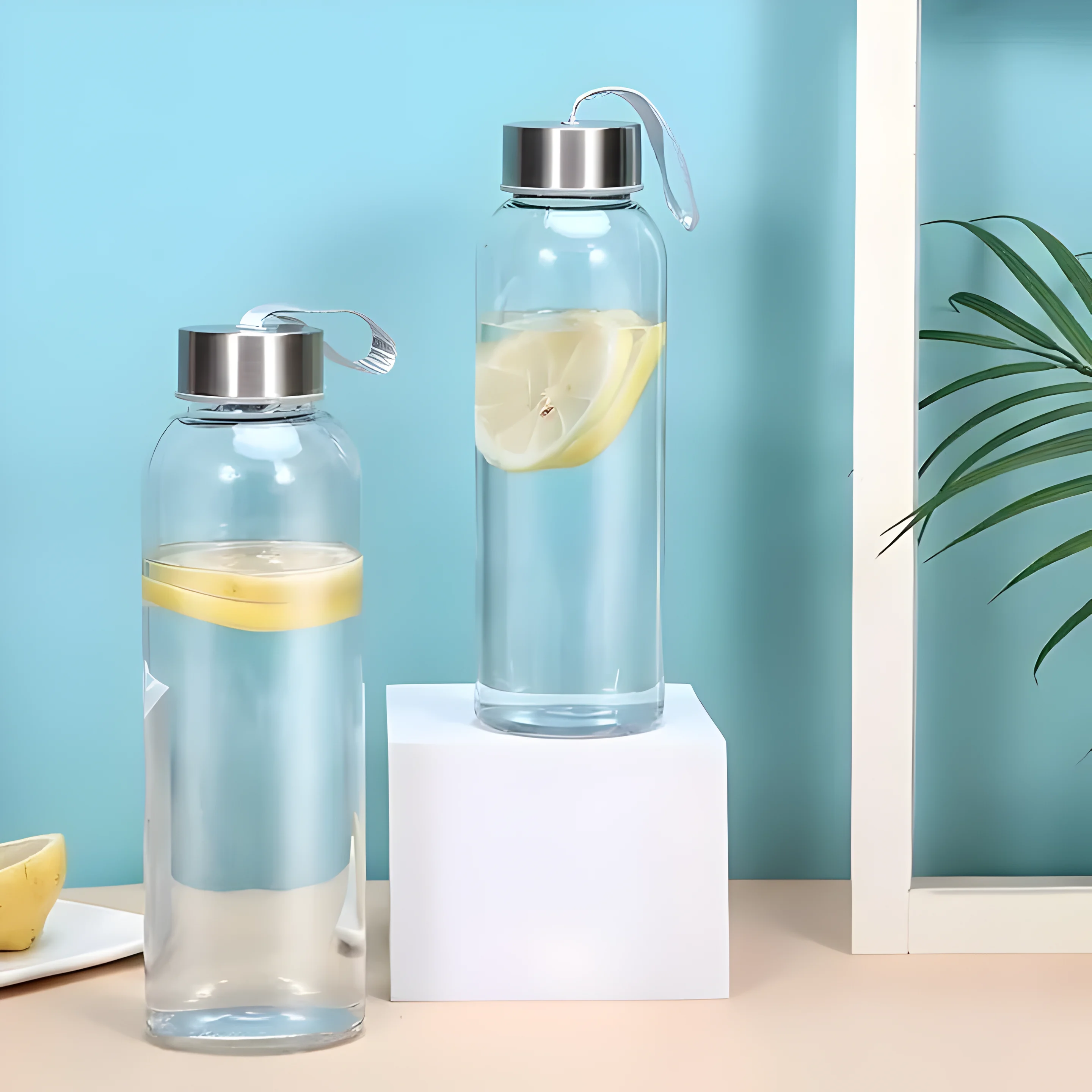 Minimal Korean style transparent glass water bottle with stainless steel lid and carry strap