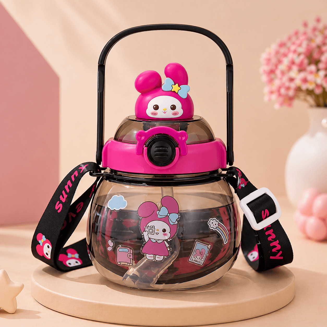 sanrio kids water bottle cute cartoon sipper bottle front view with strap kawaii design