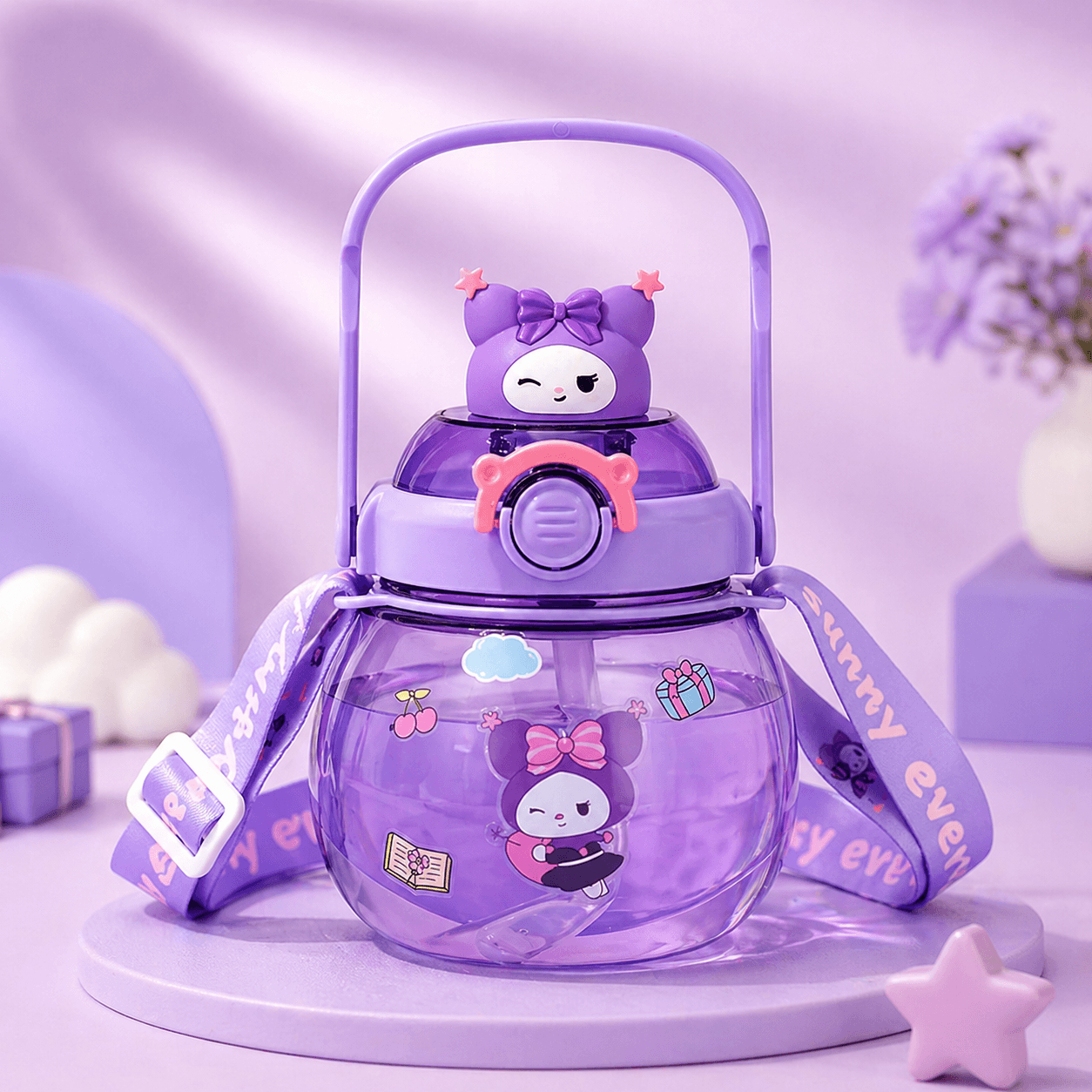 sanrio cartoon kids water bottle cute potbelly sipper bottle front view with handle strap