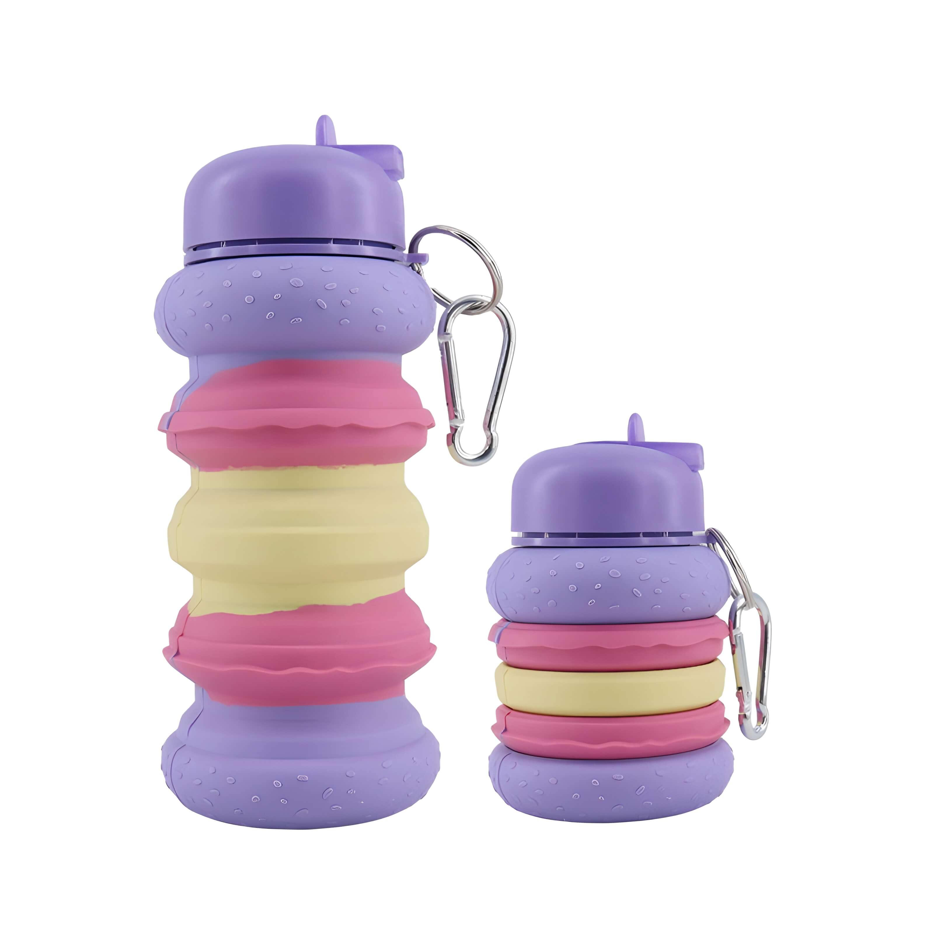“Purple burger shape foldable water bottle with compact foldable body, lightweight design and leakproof cap suitable for kids and travel use”