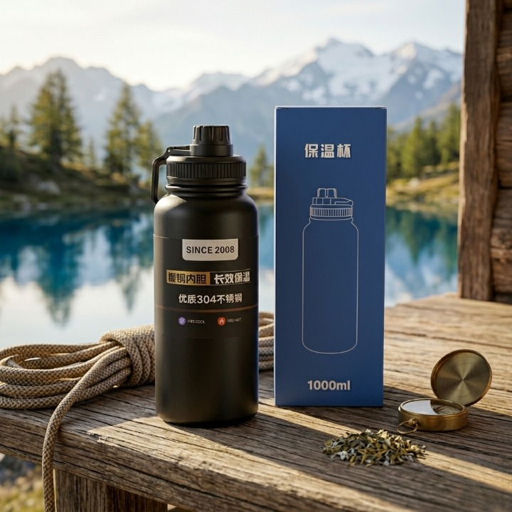 Durable 1000ml vacuum insulated stainless steel bottle keeps drinks hot or cold with carrying strap.