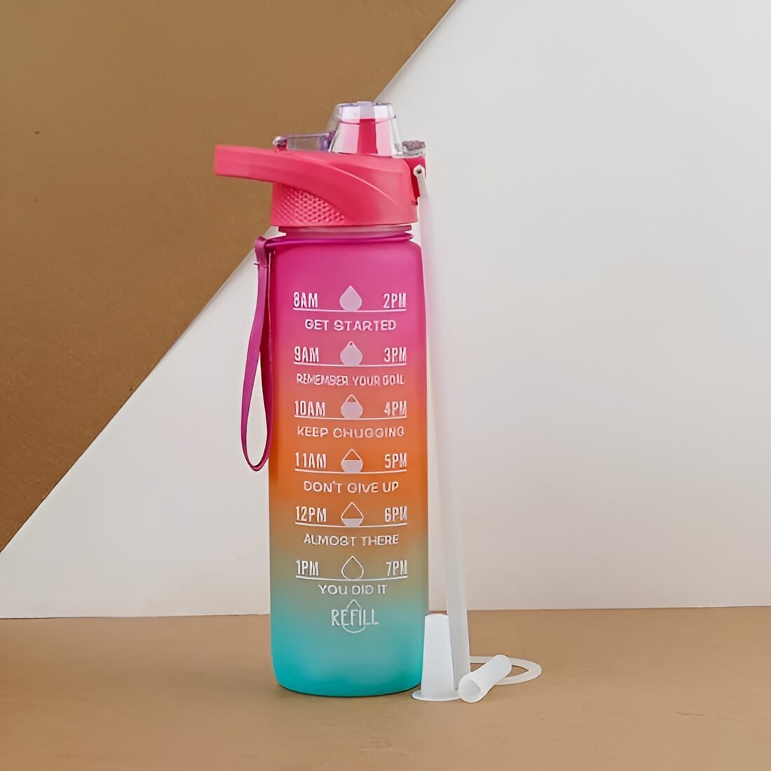 “Red gradient motivational water bottle with orange and blue mix design, time marker fitness bottle with leakproof lid and stylish shadow effect”