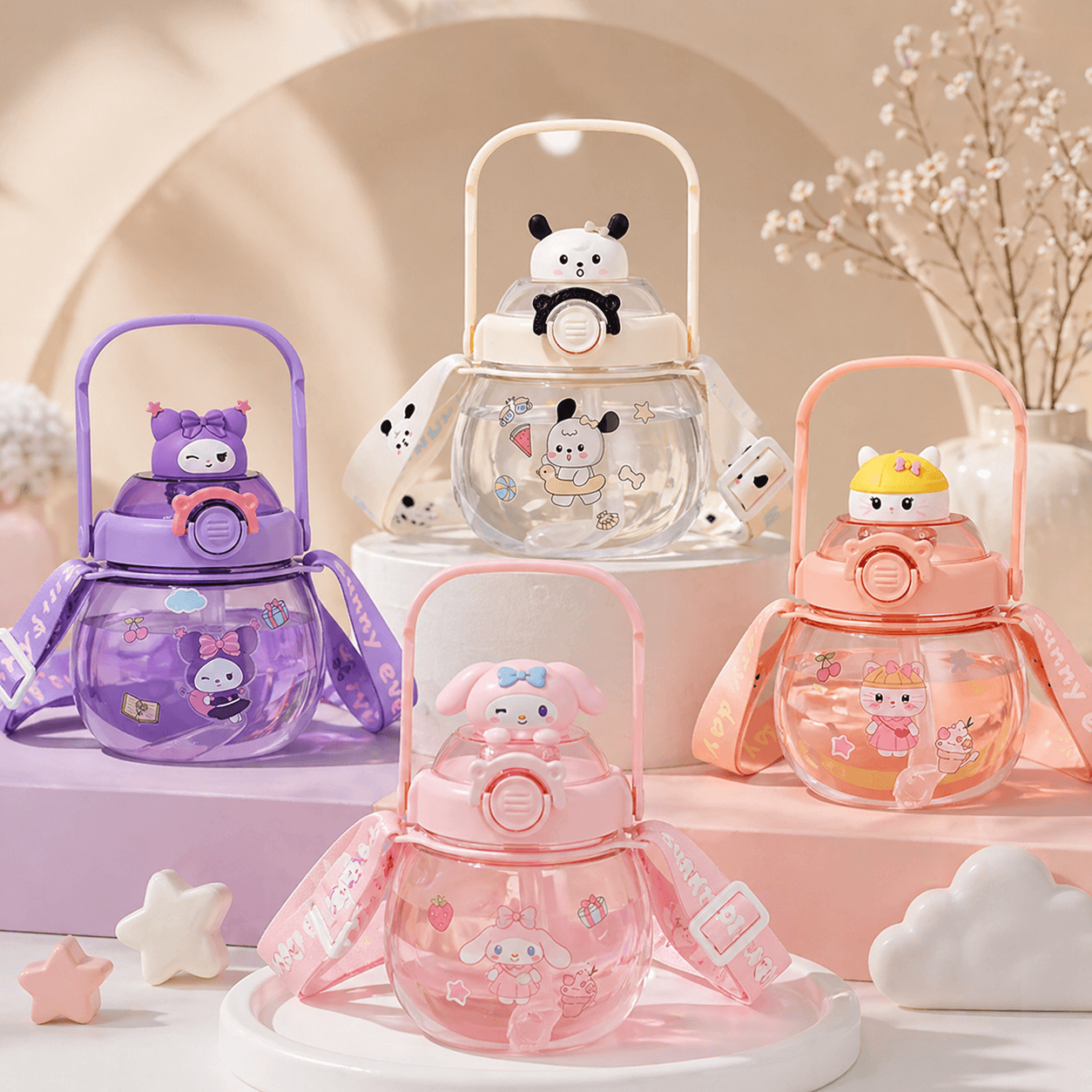 sanrio potbelly cute cartoon water bottle for kids front view kawaii sipper bottle with strap