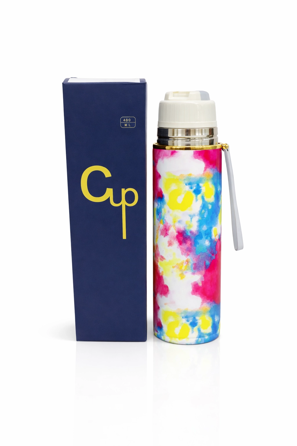 Colorful insulated stainless steel water bottle with carrying strap and gift box, 480ml