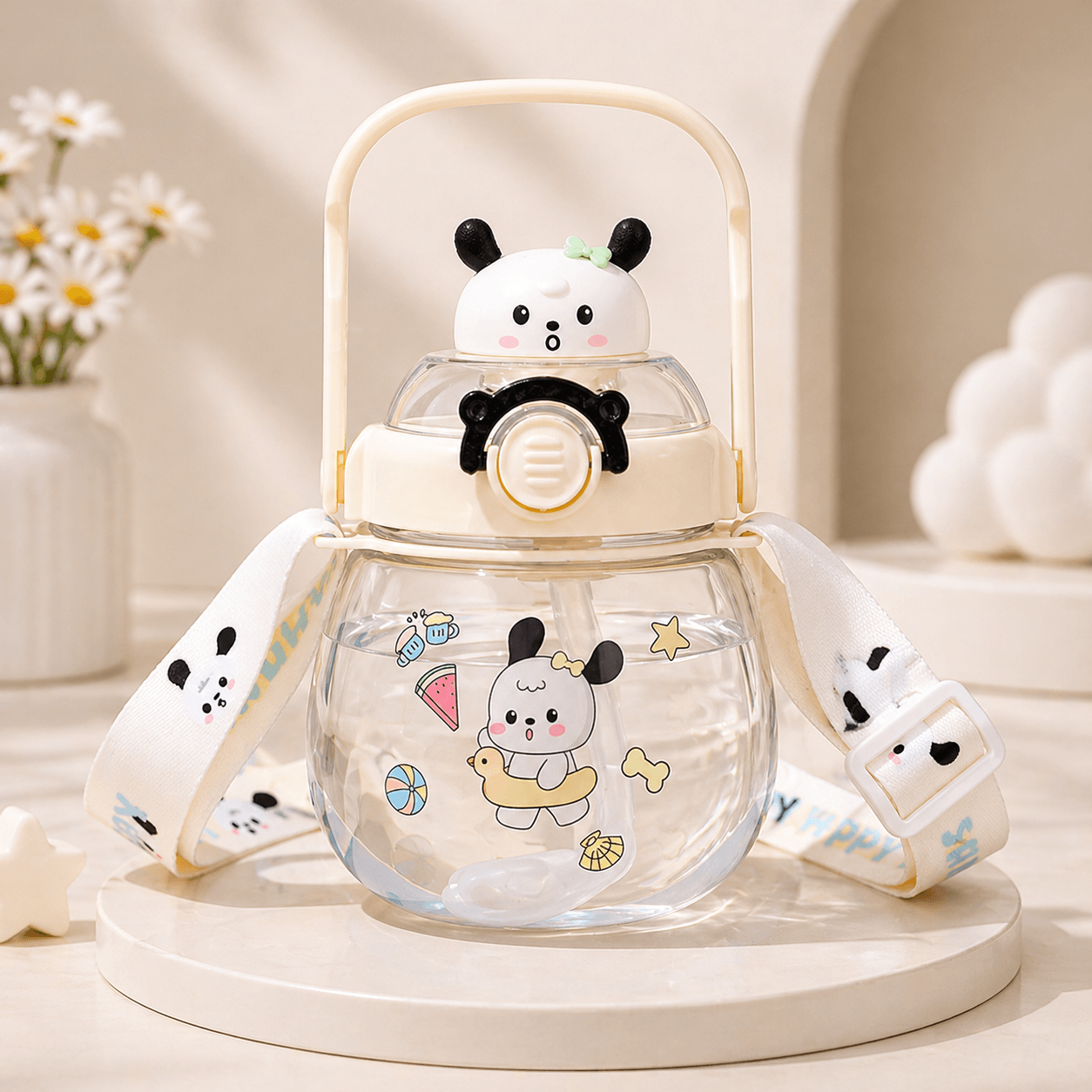 cute sanrio cartoon kids water bottle potbelly sipper bottle with strap front view